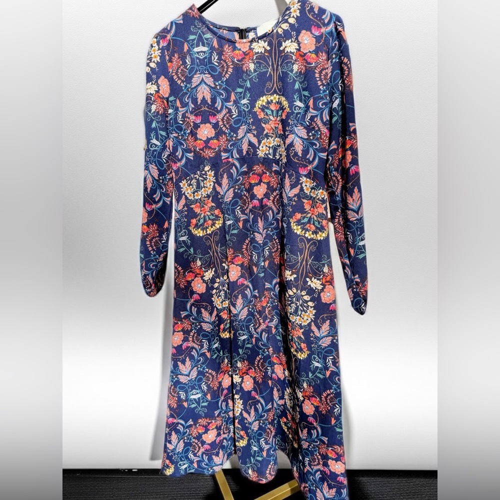 I.Madeline Garden Splendor Blue and Pink Floral Long Sleeve Midi Dress Sz L boho